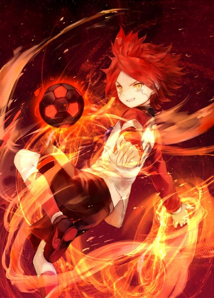 Anime picture 700x973 with inazuma eleven nagumo haruya onineko single tall image looking at viewer short hair smile yellow eyes red hair magic spread arms aura boy uniform gym uniform ball soccer ball soccer uniform