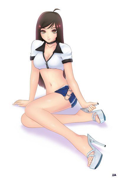 Anime picture 700x1050 with original khalitzburg single long hair tall image looking at viewer light erotic black hair simple background white background brown eyes legs girl navel shorts short shorts