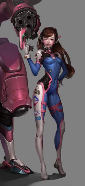 Anime picture 2362x5125 with overwatch blizzard entertainment d.va (overwatch) meka (overwatch) midfinger22 single long hair tall image blush fringe highres breasts simple background brown hair standing brown eyes one eye closed lips wink grey background