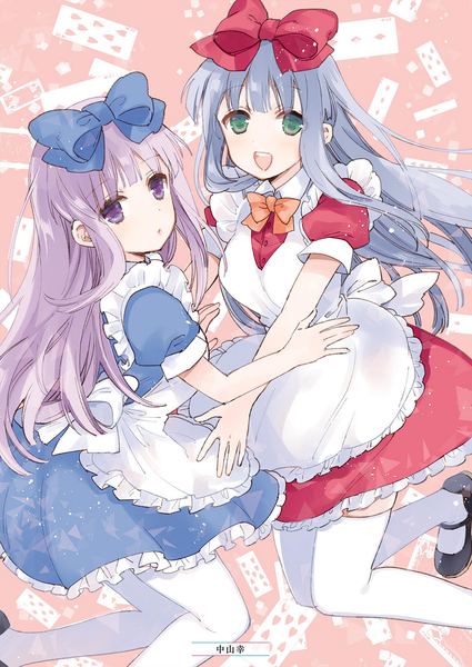 Anime picture 1451x2048 with alice or alice airi (alice or alice) rise (alice or alice) nakayama miyuki long hair tall image looking at viewer blush fringe breasts open mouth smile large breasts purple eyes multiple girls green eyes signed blue hair purple hair blunt bangs