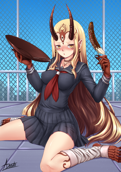 Anime picture 4960x7016 with fate (series) fate/grand order ibaraki douji (fate) adsouto single long hair tall image looking at viewer blush highres breasts blonde hair sitting holding yellow eyes absurdres sky outdoors pleated skirt horn (horns)