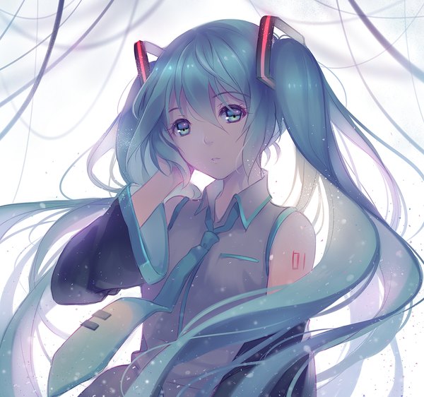 Anime picture 1500x1406 with vocaloid hatsune miku tidsean single long hair looking at viewer twintails aqua eyes aqua hair tattoo hand on face girl detached sleeves necktie vest wire (wires)