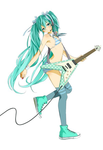 Anime picture 1000x1450 with vocaloid hatsune miku aki (9aki) single long hair tall image looking at viewer light erotic simple background smile white background twintails nail polish aqua eyes aqua hair striped polka dot girl thighhighs bow