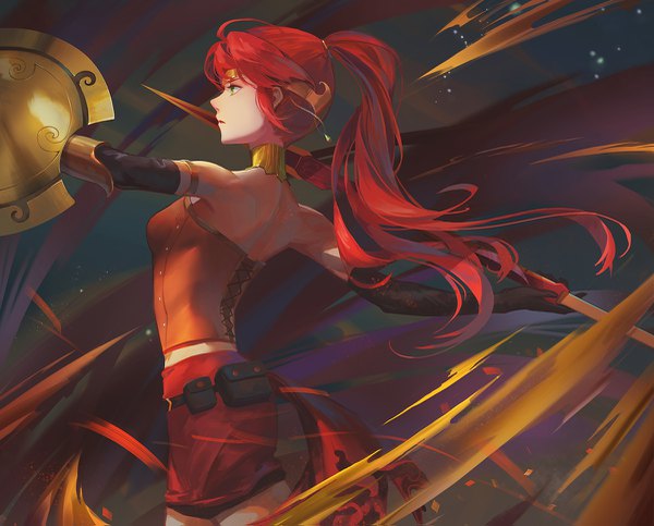 Anime picture 1200x967 with rwby rooster teeth pyrrha nikos edakai single long hair holding green eyes looking away ponytail red hair parted lips profile girl gloves weapon choker black gloves elbow gloves belt