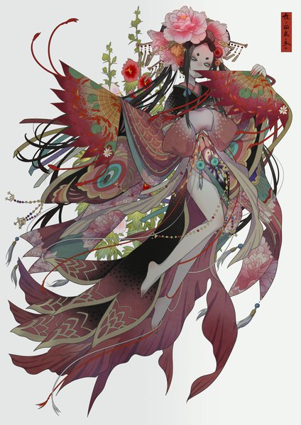 Anime picture 1414x2000 with original nanahara single tall image looking at viewer black hair holding full body very long hair traditional clothes head tilt japanese clothes barefoot hair flower aqua eyes bare legs weightlessness grey skin girl hair ornament