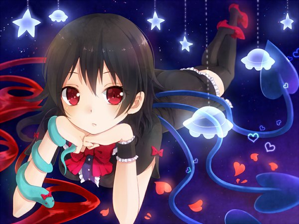 Anime picture 1000x750 with touhou houjuu nue nunucco looking at viewer short hair black hair red eyes girl thighhighs dress black thighhighs wings heart snake spacecraft ufo flying saucer