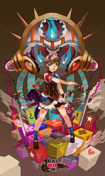 Anime picture 651x1090 with original raionart single tall image short hair blue eyes smile horn (horns) legs dark hair girl weapon sword socks shoes katana bandaid clothes