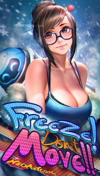 Anime picture 600x1047 with overwatch blizzard entertainment mei (overwatch) snowball (overwatch) nudtawut thongmai single tall image blush fringe short hair breasts light erotic brown hair large breasts brown eyes signed looking away head tilt lips realistic