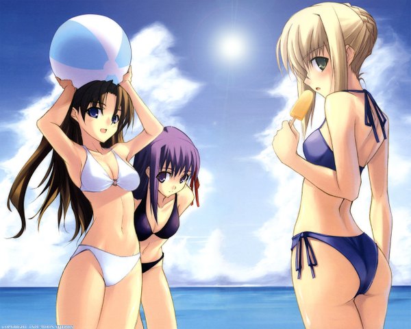 Anime picture 1280x1024 with fate (series) fate/stay night studio deen type-moon artoria pendragon (all) saber toosaka rin matou sakura shingo (missing link) light erotic wallpaper swimsuit bikini black bikini