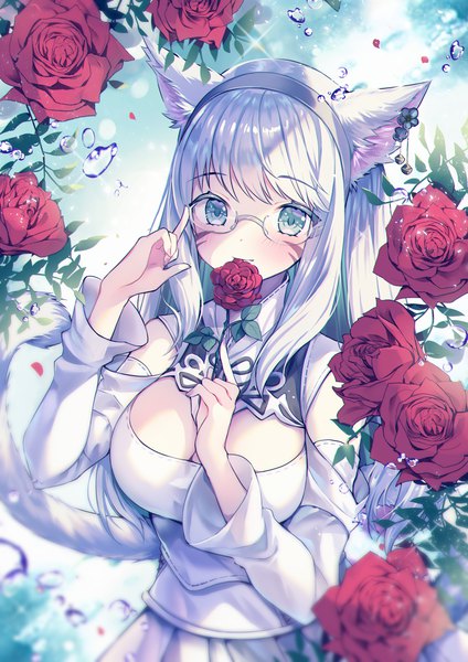 Anime picture 1447x2047 with final fantasy final fantasy xiv square enix miqo'te 07touka25 single long hair tall image looking at viewer blush fringe breasts blue eyes smile large breasts standing holding animal ears silver hair upper body