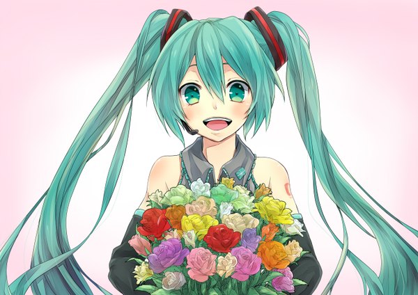 Anime picture 1412x1000 with vocaloid hatsune miku tomozero blush open mouth smile twintails bare shoulders very long hair aqua eyes aqua hair girl hair ornament flower (flowers) detached sleeves bouquet