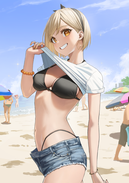 Anime picture 1455x2067 with original kunitomi ryouka hara kenshi tall image looking at viewer fringe short hair breasts light erotic blonde hair smile standing yellow eyes sky outdoors head tilt arm up beach grin solo focus