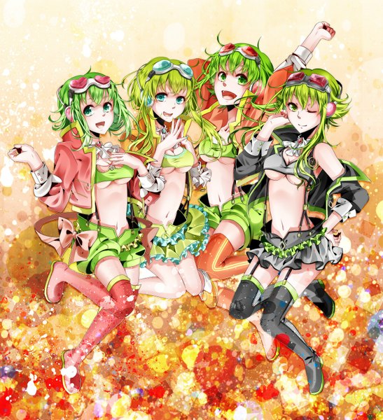 Anime picture 1500x1644 with vocaloid megpoid (vocaloid3) gumi nou tall image short hair breasts open mouth light erotic smile multiple girls green eyes one eye closed green hair wink open clothes open jacket midriff multiple persona girl