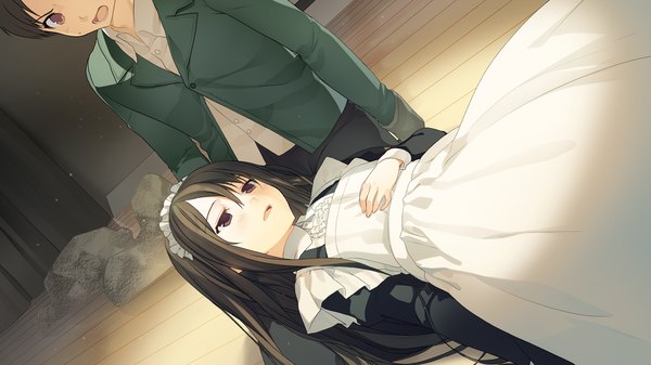 Anime picture 1280x720 with ima sugu onii-chan ni imouto da tte iitai! haida kimika akinashi yuu long hair open mouth black hair wide image brown eyes game cg lying maid girl boy headdress maid headdress