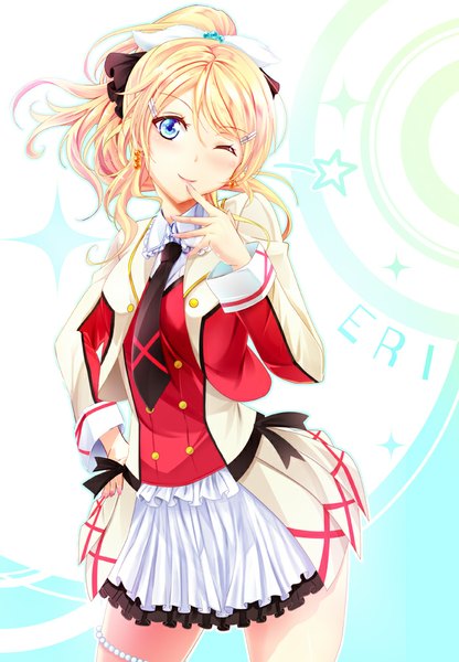 Anime picture 700x1010 with love live! school idol project sunrise (studio) love live! ayase eli haruka natsuki single long hair tall image looking at viewer blush blue eyes blonde hair ponytail one eye closed wink girl dress bow hair bow necktie