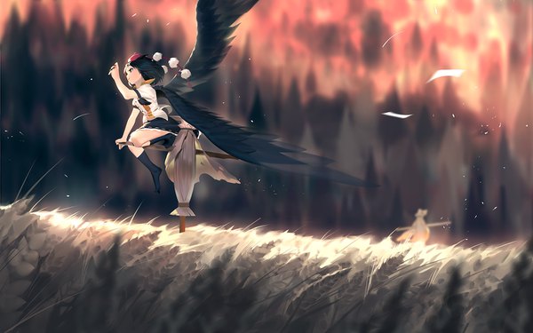 Anime picture 1440x900 with touhou shameimaru aya karasu-san (syh3iua83) single short hair arm up wind no shoes black wings field girl skirt shirt wings socks black skirt black socks tokin hat