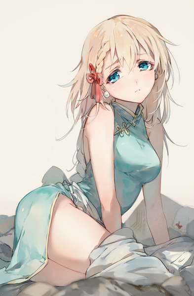 Anime picture 950x1450 with girls frontline g36 (girls frontline) mikuru rumisora single long hair tall image looking at viewer blush fringe breasts blue eyes simple background blonde hair hair between eyes white background sitting bare shoulders braid (braids) traditional clothes parted lips