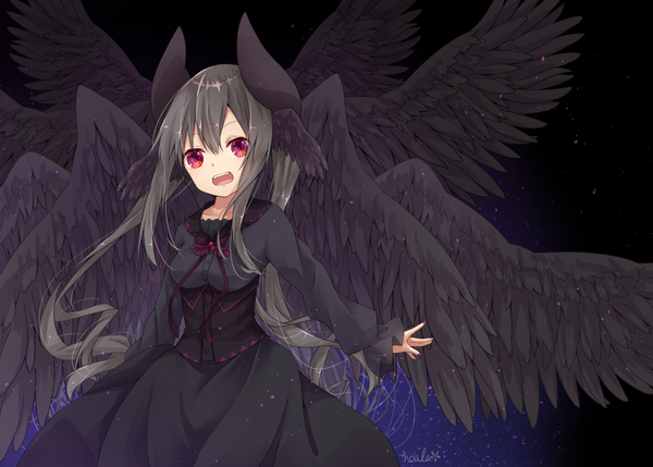 Anime picture 1057x757 with original noala single long hair looking at viewer blush fringe open mouth hair between eyes red eyes twintails signed payot horn (horns) fingernails grey hair fang (fangs) floating hair outstretched arm drill hair