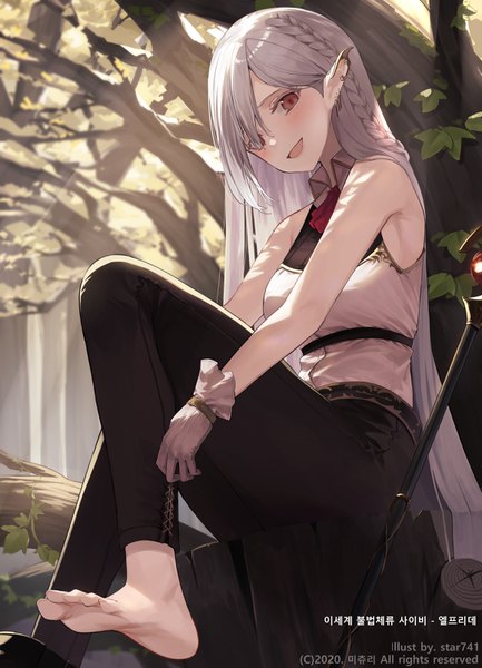 Anime picture 2311x3200 with original star741 single long hair tall image looking at viewer blush fringe highres open mouth smile red eyes sitting bare shoulders signed silver hair outdoors braid (braids) :d barefoot