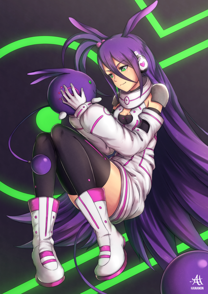 Anime picture 744x1052 with original hananon single tall image simple background smile green eyes purple hair bent knee (knees) very long hair girl thighhighs gloves black thighhighs detached sleeves headphones clothes