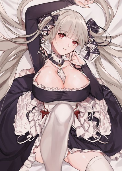 Anime picture 2500x3500 with azur lane formidable (azur lane) muunai single long hair tall image looking at viewer blush fringe highres breasts light erotic red eyes large breasts twintails payot cleavage silver hair bent knee (knees) lying