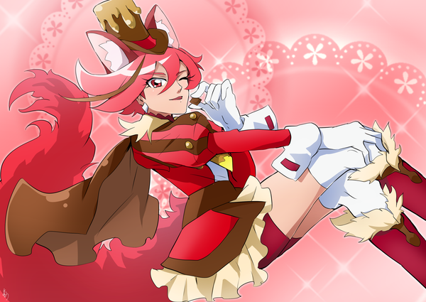 Anime picture 3035x2150 with precure kirakira precure a la mode toei animation kenjou akira cure chocolat ao mikan single looking at viewer fringe highres short hair hair between eyes red eyes animal ears absurdres red hair tail animal tail one eye closed crossed legs