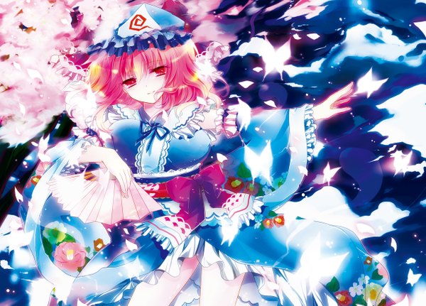 Anime picture 1214x873 with touhou saigyouji yuyuko ichiyou moka short hair red eyes pink hair cherry blossoms girl bow hat insect butterfly fan