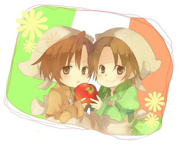 Anime picture 1280x1024 with axis powers hetalia studio deen north italy (hetalia) south italy (hetalia) tagme (artist) highres short hair open mouth simple background smile brown hair white background brown eyes siblings brothers dress boy flower (flowers) flag