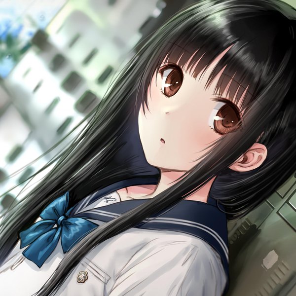 Anime picture 1873x1873 with original kazuharu kina single long hair looking at viewer fringe highres black hair brown eyes upper body parted lips blurry close-up girl uniform serafuku bowtie