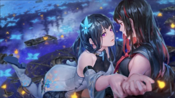 Anime picture 1920x1080 with witch's weapon baraba baba long hair blush fringe highres black hair red eyes wide image purple eyes bare shoulders multiple girls holding looking away bent knee (knees) red hair parted lips multicolored hair blurry wide sleeves