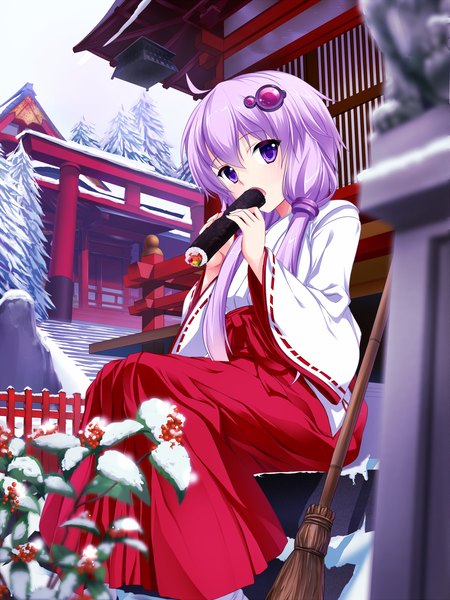 Anime picture 1200x1600 with vocaloid yuzuki yukari bug (artist) single long hair tall image looking at viewer open mouth hair between eyes sitting purple eyes twintails purple hair ahoge traditional clothes japanese clothes :o low twintails winter snow
