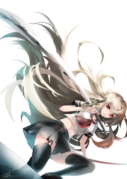 Anime picture 1092x1546 with original saihate (d3) single long hair tall image looking at viewer fringe light erotic simple background blonde hair red eyes white background signed pleated skirt reflection fighting stance girl thighhighs skirt uniform