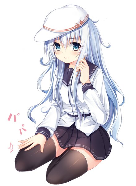 Anime picture 733x1000 with kantai collection hibiki destroyer verniy destroyer qunqing single long hair tall image looking at viewer blush fringe simple background smile hair between eyes white background sitting holding payot silver hair long sleeves arm up