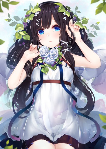 Anime picture 900x1260 with original ao no neko single long hair tall image looking at viewer blush fringe breasts blue eyes black hair bare shoulders lying parted lips hair flower blurry on back sleeveless holding hair girl