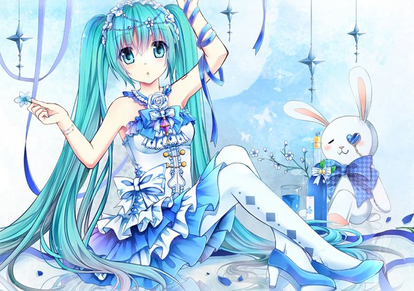 Anime picture 1091x768 with vocaloid hatsune miku gyaza single looking at viewer twintails very long hair aqua eyes aqua hair girl dress flower (flowers) ribbon (ribbons) petals toy stuffed animal bottle stuffed rabbit