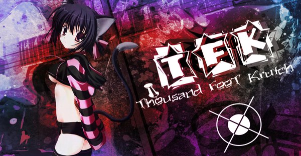 Anime picture 2000x1043 with k.g highres light erotic black hair wide image purple eyes animal ears tail animal tail cat girl girl thighhighs black thighhighs shorts musical instrument guitar
