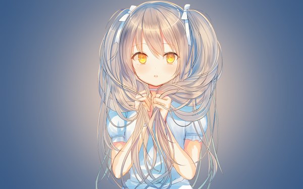 Anime picture 1920x1200 with vocaloid hatsune miku assassinwarrior single long hair looking at viewer blush fringe highres simple background brown hair twintails yellow eyes upper body parted lips short sleeves alternate costume puffy sleeves gradient background blue background