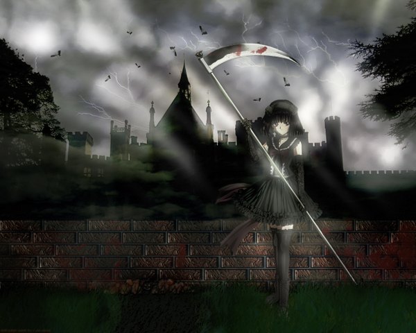 Anime picture 1280x1024 with bishoujo senshi sailor moon toei animation tomoe hotaru dark background gothic scythe