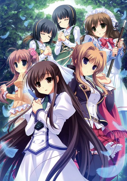 Anime picture 2532x3600 with yukie (peach candy) long hair tall image highres short hair blue eyes black hair brown hair multiple girls brown eyes eyes closed scan maid 6+ girls 6 girls girl thighhighs dress uniform black thighhighs