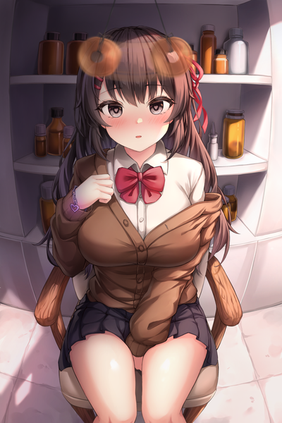Anime picture 1600x2400 with original ripong single long hair tall image looking at viewer blush fringe breasts open mouth hair between eyes brown hair sitting indoors long sleeves pleated skirt black eyes symbol-shaped pupils undressing heart-shaped pupils