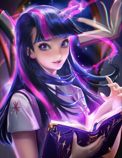 Anime picture 1236x1600 with my little pony twilight sparkle sakimichan single long hair tall image looking at viewer fringe black hair smile purple eyes holding signed pink hair purple hair upper body blunt bangs nail polish parted lips multicolored hair