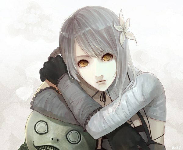 Anime picture 1004x824 with nier kaine (nier) emil (no.7) tagme (artist) single looking at viewer breasts yellow eyes silver hair braid (braids) hair flower lips single braid side braid pale skin girl gloves hair ornament flower (flowers) bandage (bandages)