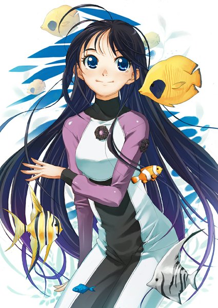Anime picture 709x1000 with amanchu! ooki futaba hirokiku single long hair tall image blush blue eyes black hair smile ahoge looking up girl bodysuit fish (fishes) diving suit
