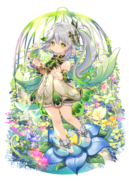 Anime picture 1417x2000 with genshin impact nahida (genshin impact) marekamico single long hair tall image fringe hair between eyes green eyes silver hair full body pointy ears side ponytail symbol-shaped pupils + + girl dress flower (flowers) cage