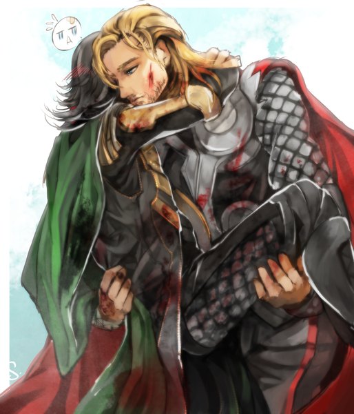 Anime picture 1200x1400 with thor marvel comics loki (thor) thor (character) single tall image short hair blue eyes black hair blonde hair holding hug boy armor blood cape beard