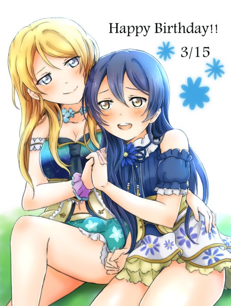 Anime picture 900x1190 with love live! school idol project sunrise (studio) love live! ayase eli sonoda umi lilylion26 long hair tall image blush blue eyes blonde hair smile bare shoulders multiple girls yellow eyes blue hair cleavage hug holding hands leg lift (legs lift)