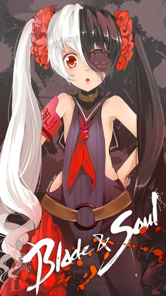 Anime picture 1080x1920 with blade & soul po hwa ran (blade & soul) mst1ng single long hair tall image looking at viewer open mouth red eyes twintails multicolored hair two-tone hair copyright name girl eyepatch clothes