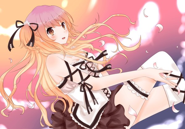Anime picture 1892x1324 with touhou hijiri byakuren tamazusa (artist) single long hair blush highres blonde hair brown eyes sky cloud (clouds) girl ribbon (ribbons) petals