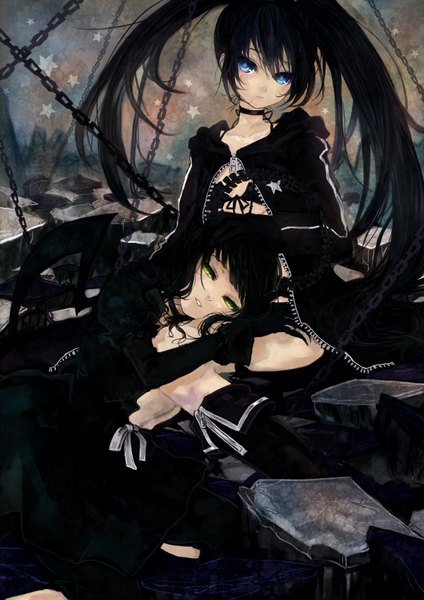 Anime picture 2480x3507 with black rock shooter black rock shooter (character) dead master pisuke long hair tall image blush highres blue eyes black hair twintails multiple girls green eyes girl 2 girls wings shorts boots star (symbol) chain
