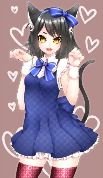Anime picture 700x1200 with original yutazou single tall image looking at viewer short hair open mouth black hair animal ears yellow eyes tail animal tail cat ears cat girl cat tail girl thighhighs dress bow hair bow